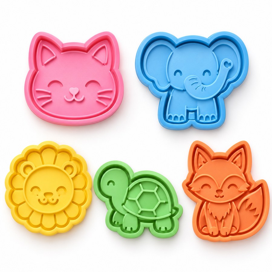 Cortadores de galletas de animales: gato, elefante, león, tortuga y zorro
