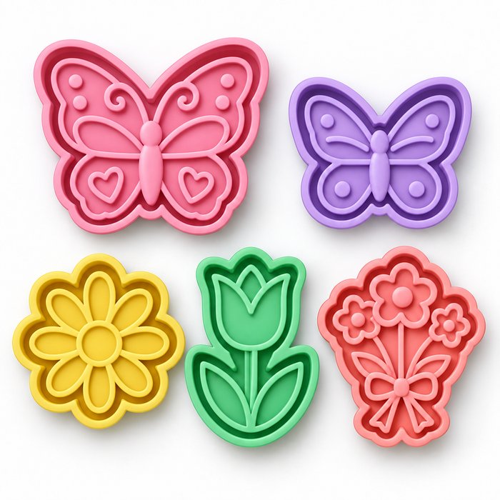 Cortadores de galletas de flores y mariposas: mariposa rosada, mariposa lila, margarita, tulipán y ramo