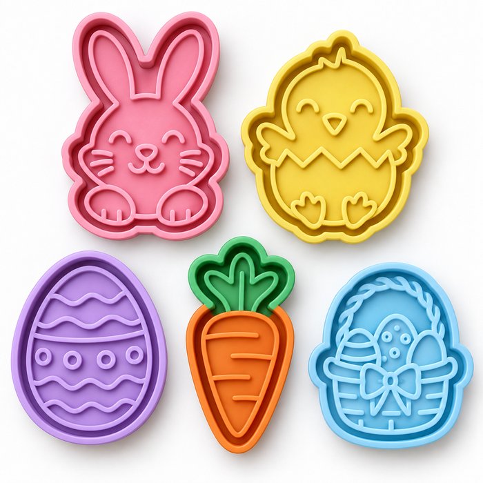 Cortadores de galletas de Pascua: conejo, pollito, huevo, zanahoria y canasta