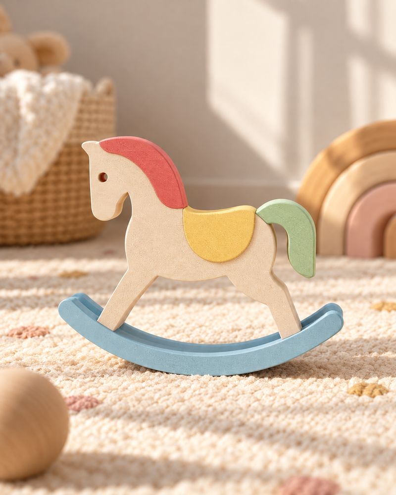 Caballito mecedor con crin roja, silla amarilla, cola verde y base celeste