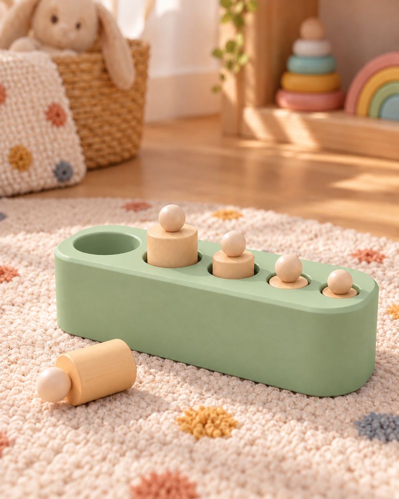 Base verde con cilindros de madera de distintos tamaños para encajar