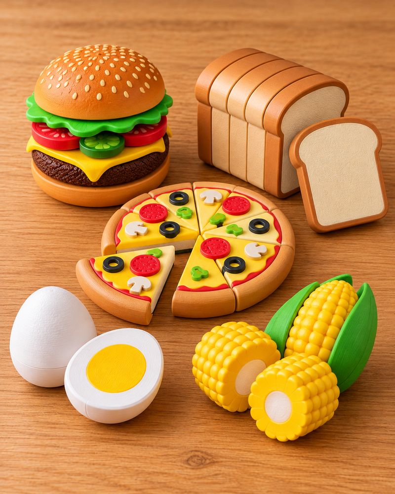 Comidas magnéticas de juguete: hamburguesa, pizza, pan, huevo y choclo
