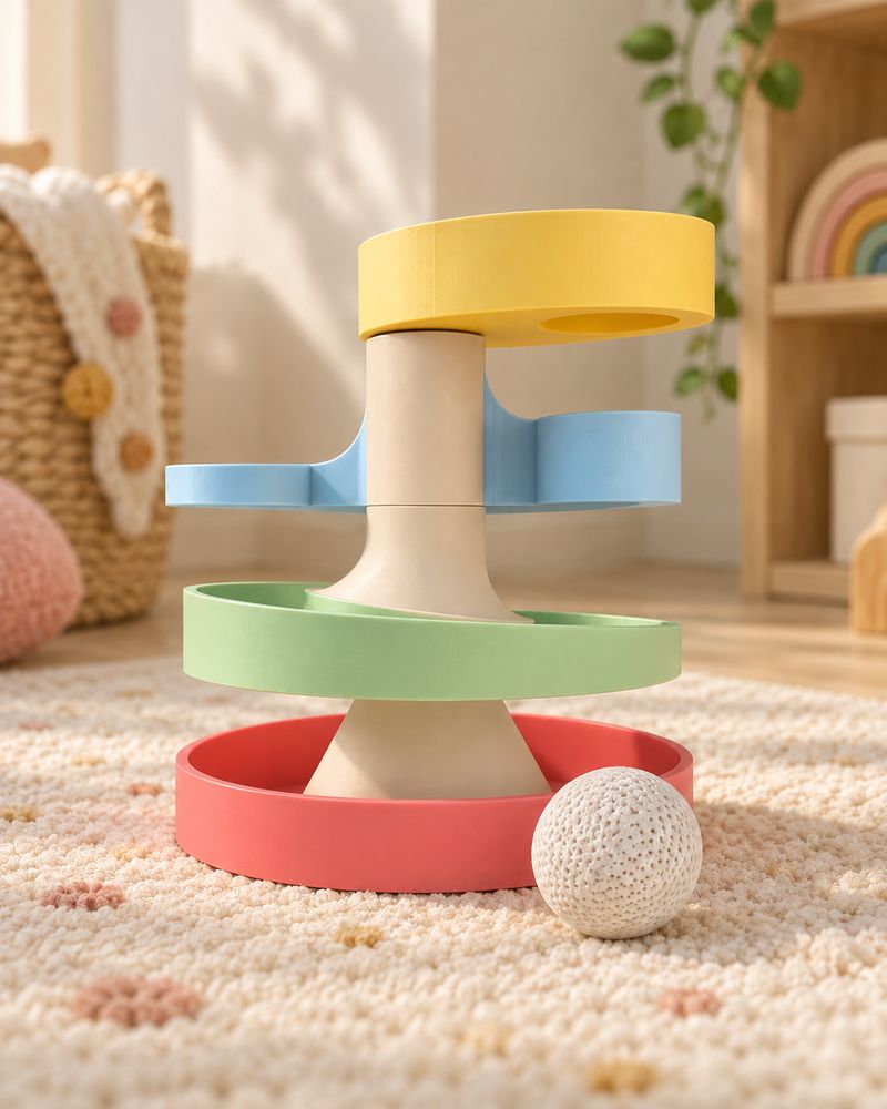 Torre de pisos de colores con una bolita que baja rodando