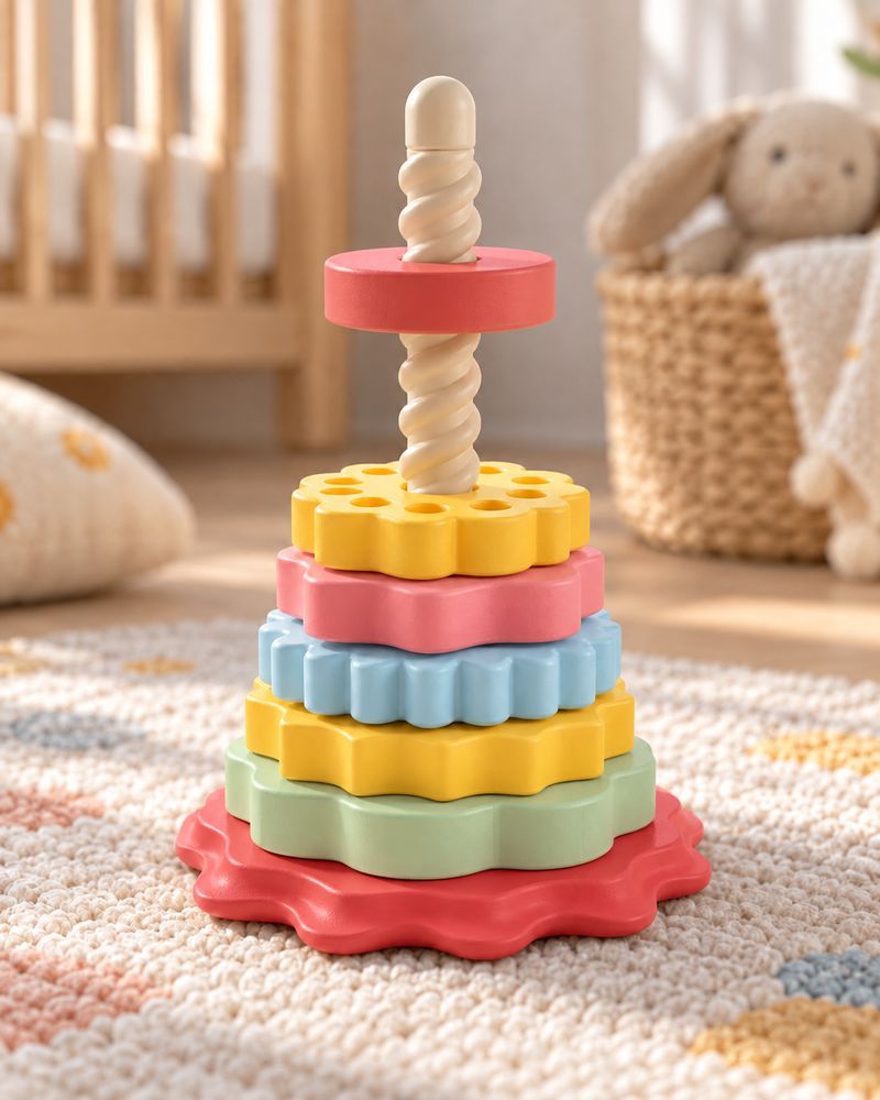 Torre de discos de colores pastel apilados en un eje torneado