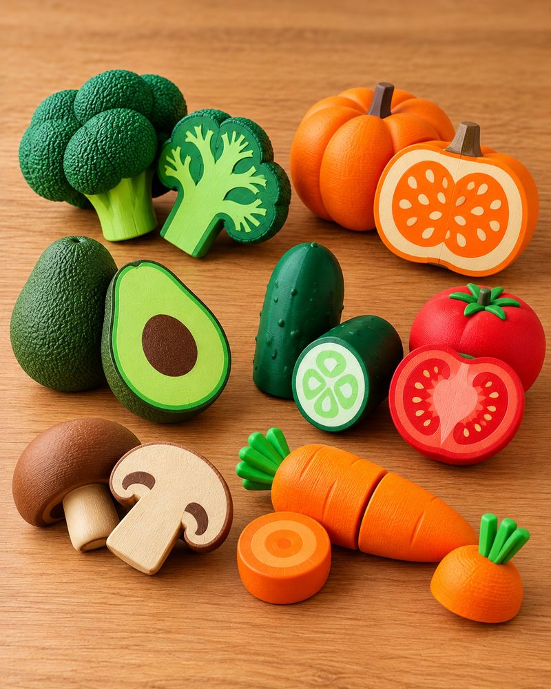 Verduras magnéticas de juguete: brócoli, zapallo, palta, pepino, tomate, champiñón y zanahoria