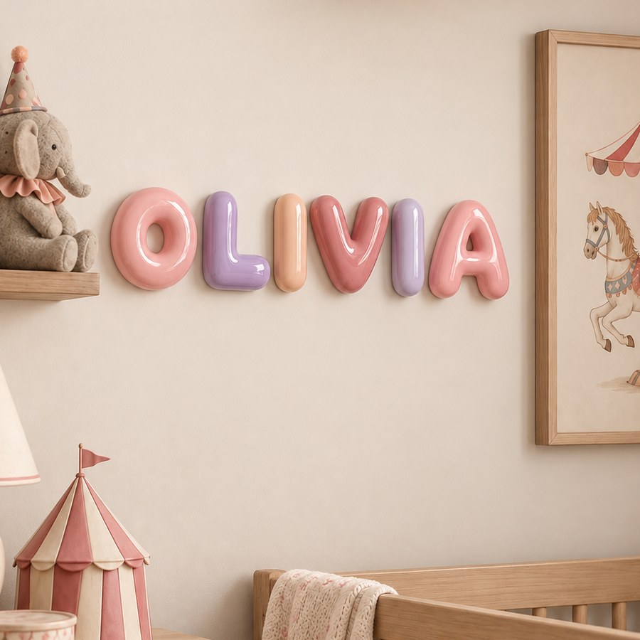 Letras bubble OLIVIA en rosado, lila y durazno colgadas en la pared de una pieza infantil