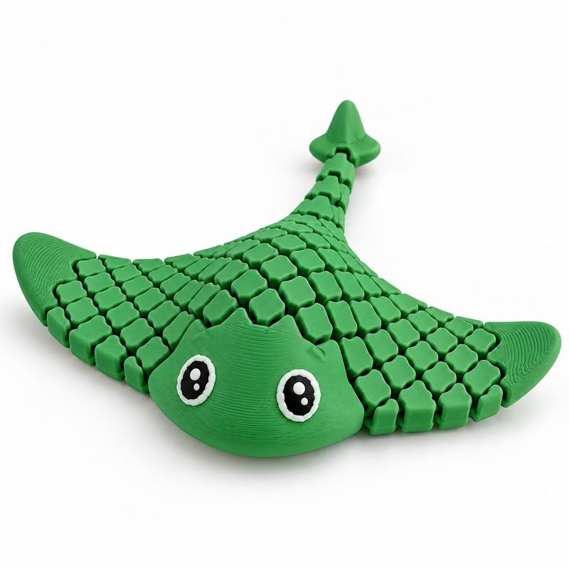 Manta raya articulada verde con ojos grandes